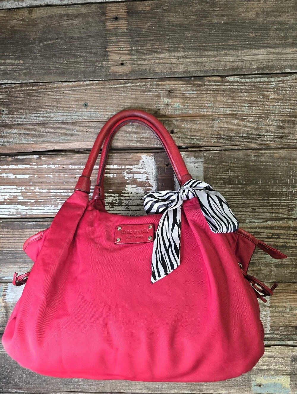 Kate Spade Red Nylon Leather Large Satchel Tote Zebra Scarf